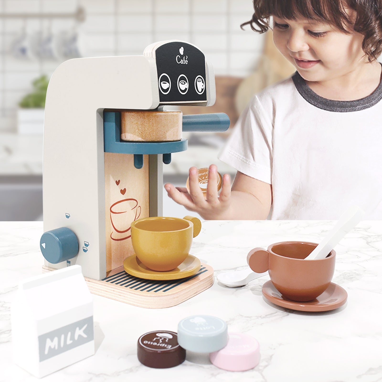 PairPear Coffee Maker Espresso Playset - Wooden Deluxe Play Kitchen Set  with Accessories 13 Pieces Multicolor 